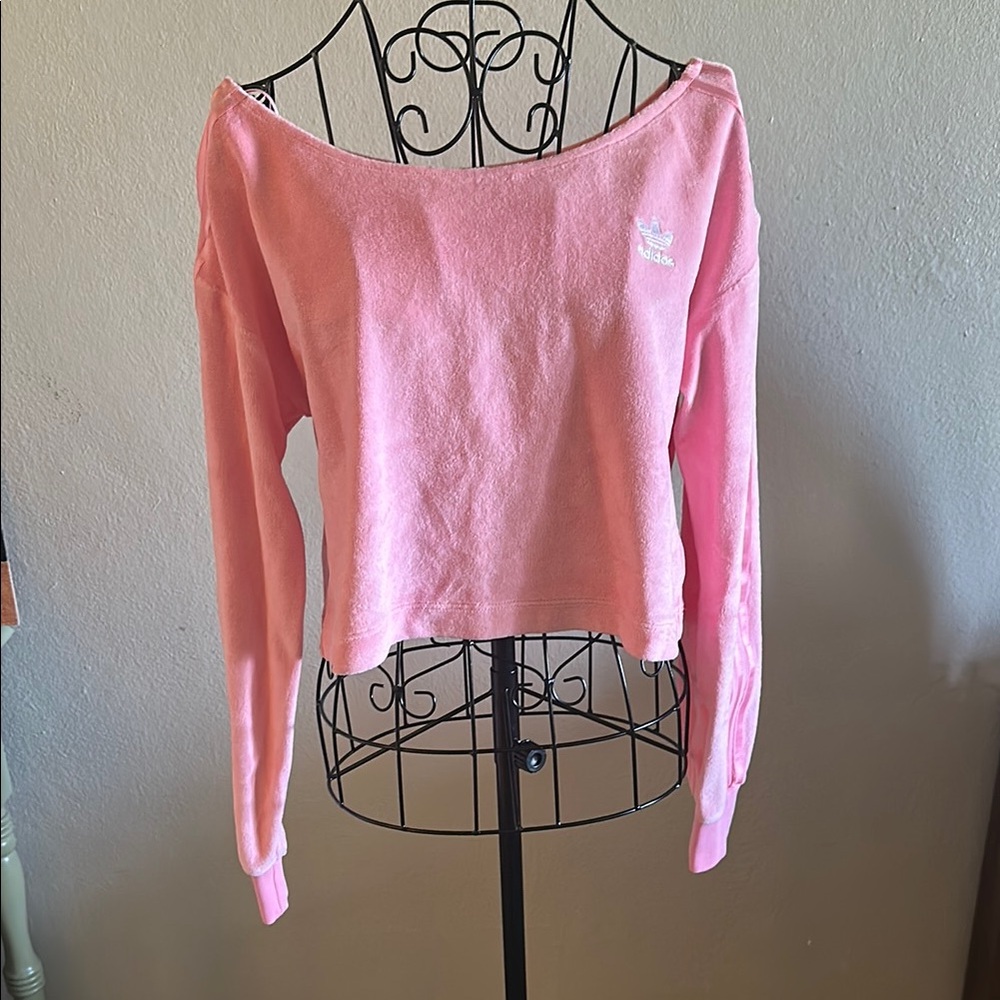 Adidas Soft Fuzzy Light Pink Off-Shoulder Sweatshirt. NWOT.